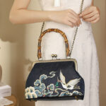 Buddha Stones Auspicious Clouds Cranes Embroidery Bamboo Handle Handbag Crossbody Bag Crossbody Bag&Handbags BS 2