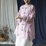 Buddha Stones Pink Flower Print Frog-button Design Batwing Long Sleeve Ramie Linen Jacket Shirt Women's Shirts BS 37