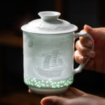 Buddha Stones Jingdezhen Linglong Porcelain Auspicious Dragon Phoenix Boat Smooth Sailing Ceramic Teacup Office Tea Cups 420ml Cup BS Boat Smooth Sailing 9.5cm*13.5cm*420ml