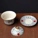 Buddha Stones Retro Plum Blossom Pine Bamboo Phoenix Kirin Ceramic Gaiwan Sancai Teacup Kung Fu Tea Cup and Saucer with Lid Cup BS 8