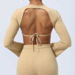 Buddha Stones Long Sleeve Backless Strap Top Bra Flare Pants Fitness Yoga Outfit 2-Piece Outfit BS 24