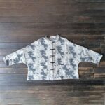 Buddha Stones Black Gray Print Frog-button Design Long Sleeve Cotton Linen Jacket Shirt With Pockets Women's Shirts BS 15