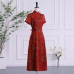 Buddha Stones Vintage Auspicious Clouds Leaf Print Cheongsam Dress Women's Qipao Dress Cheongsam Dresses BS 1