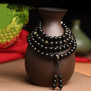 Buddha Stones 108 Mala Beads Natural Gold Sheen Obsidian Wealth Bracelet Mala Bracelet BS 8mm