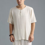 Buddha Stones Men's Solid Color Round Neck Short Sleeve Cotton Linen Shirt Men's Shirts BS 13