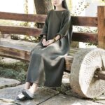 Buddha Stones Simple Midi Dress Cotton Linen Zen Tunic Dress With Pockets Midi Dress BS 1