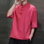 Buddha Stones Men's Chinese Frog-Button Tang Suit Half Sleeve Cotton Linen Shirt Men's Shirts BS 15