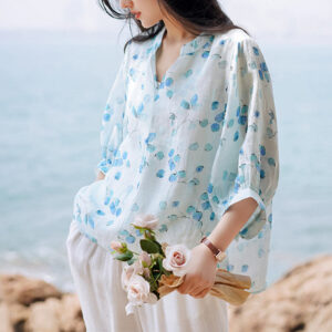 Buddha Stones Fruits Leaves Pattern Lantern Sleeve Top Loose Tee T-shirt T-shirt BS Blue(Bust 130cm/Shoulder 37cm/Length 58-66cm)(Top Only)