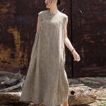 Buddha Stones Handmade Tie Dye Midi Dress Linen Sleeveless Dress 20