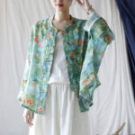 Buddha Stones Pink Flowers Green Leaves Print Frog-button Design Long Sleeve Ramie Linen Jacket Shirt Women's Shirts BS 46