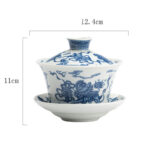 Buddha Stones Blue And White Porcelain Lotus Koi Fish Lion Dance Watermelon Ceramic Gaiwan Sancai Teacup Kung Fu Tea Cup And Saucer With Lid 300ml Cup BS Lion Dance 12.4cm*11cm*300ml