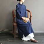 Buddha Stones Flower Jacquard Midi Dress Long Sleeve Cotton Linen Dress Wide Leg Pants With Pockets 1