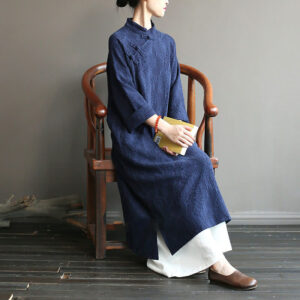 Buddha Stones Flower Jacquard Midi Dress Long Sleeve Cotton Linen Dress Wide Leg Pants With Pockets 1