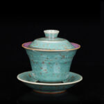 Buddha Stones Retro Glaze Kiln Change Ceramic Gaiwan Sancai Teacup Kung Fu Tea Cup And Saucer With Lid Cup BS Green 9.8cm*9cm*150ml