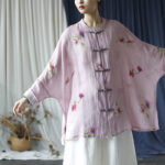 Buddha Stones Pink Flower Print Frog-button Design Batwing Long Sleeve Ramie Linen Jacket Shirt Women's Shirts BS 22