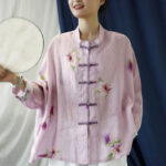 Buddha Stones Pink Flower Print Frog-button Design Batwing Long Sleeve Ramie Linen Jacket Shirt Women's Shirts BS 10