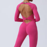Buddha Stones Women Long Sleeve Backless Jumpsuit Sports Fitness Yoga Bodysuit Bodysuit BS Rose Red XL(Front Bust 44cm/Waist 68cm/Hips 82cm)