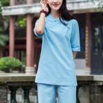 Buddha Stones 2Pcs Half Sleeve V-Neck Shirt Top Pants Meditation Zen Tai Chi Linen Clothing Women's Set Women's Meditation Cloth BS Blue(Top&Pants) 2XL(Bust 108cm/Waist 72-106cm/Pants Length 100cm)