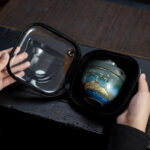Buddha Stones Ceramic Teacup Deer Mountain Trees Lovely Cat Black Tea Cup With Lid and Bag Cup BS 7