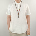 Buddha Stones Solid Color Men Short Sleeve Button Linen Shirt Men's Shirts BS White 4XL(Fit for US/UK/AU44; EU54)