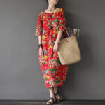 Buddha Stones Red Peony Flowers Printed Midi Dress Half Sleeve Cotton Linen Dress 5