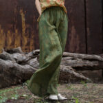 Buddha Stones Green Yellow Ramie Linen Flexible Waistband Wide Leg Pants With Pockets Women's Wide Leg Pants BS 5