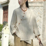 Buddha Stones Solid Color Ramie Linen Loose Blouse Long Sleeve Shirt Chinese Hanfu Top Long Sleeve Shirt BS 5