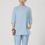 Buddha Stones 2Pcs Buttons Three Quarter Sleeve Shirt Top Pants Meditation Zen Tai Chi Cotton Linen Clothing Women's Set Women's Meditation Cloth BS Blue(Top&Pants) 2XL(Bust 112cm/Waist 70-104cm/Pants Length 101cm)