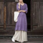 Buddha Stones Handmade Tie Dye Ramie Linen Frog-Button Midi Dress Wide Leg Pants With Pockets Midi Dress&Wide Leg Pants BS 4