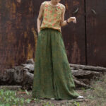 Buddha Stones Green Yellow Ramie Linen Flexible Waistband Wide Leg Pants With Pockets Women's Wide Leg Pants BS 20