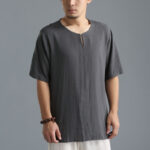 Buddha Stones Men's Solid Color Round Neck Short Sleeve Cotton Linen Shirt Men's Shirts BS DimGray XL(Fit for US/UK/AU40; EU50)