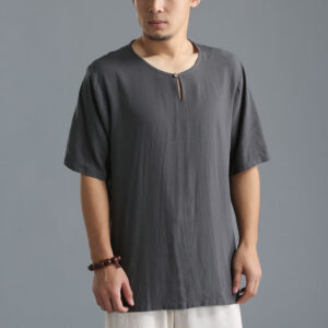Buddha Stones Men's Solid Color Round Neck Short Sleeve Cotton Linen Shirt Men's Shirts BS DimGray XL(Fit for US/UK/AU40; EU50)