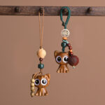 Buddha Stones Green Sandalwood Lucky Cat Koi Fish Cure Key Chain Phone Hanging Decoration Key Chain BS 1