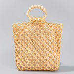 Buddha Stones Hand-woven Fishing Line Braiding Mesh Hollow Wooden Beads Handbag Handbags BS Yellow 30*10*27cm