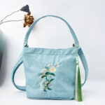 Buddha Stones Embroidery Wisteria Plum Lotus Cherry Blossom Cotton Linen Canvas Tote Crossbody Bag Shoulder Bag Handbag Crossbody Bag BS Light Green White Plum 19*20*10cm