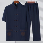 Buddha Stones Fu Character Embroidery Tang Suit Traditional Frog-Button Short Sleeve Top Pants Clothing Men's Set Men's Meditation Cloth BS Dark Blue(Top&Pants) 4XL(Bust 130cm/Waist 118cm/Pants Length 106cm)