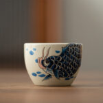 Buddha Stones Koi Fish Arowana Peony Sunflower Ceramic Teacup Kung Fu Tea Cup 60ml Cup BS Blue Koi Fish Arowana 5.9cm*4.3cm*60ml