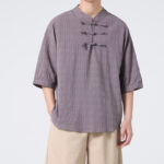 Buddha Stones Frog-Button Plaid Pattern Chinese Tang Suit Half Sleeve Shirt Cotton Linen Men Clothing Men's Shirts BS 15