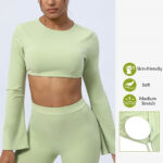Buddha Stones Long Sleeve Backless Strap Top Bra Flare Pants Fitness Yoga Outfit 2-Piece Outfit BS 14