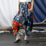 Buddha Stones Blue Red Peony Flowers Patchwork Cotton Linen Harem Pants With Pockets Women's Harem Pants BS 4
