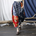 Buddha Stones Blue Red Peony Flowers Patchwork Cotton Linen Harem Pants With Pockets Women's Harem Pants BS 5