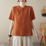 Buddha Stones Solid Color Frog-Button Short Sleeve Cotton Linen Shirt Women's Shirts BS 8