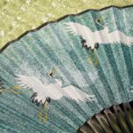 Buddha Stones Vintage Blue White Crane Pattern Handheld Silk Bamboo Folding Fan Folding Fan BS 3