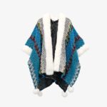 Buddha Stones Tibetan Multicolored Wavy Lines Knitted Striped Shawl Coat Winter Cozy Travel Scarf Wrap Tibetan Shawl BS Peacock Blue 150*106cm