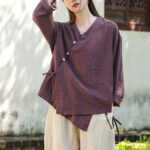 Buddha Stones Solid Color Ramie Linen Loose Blouse Long Sleeve Shirt Chinese Hanfu Top Long Sleeve Shirt BS 21