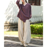 Buddha Stones Solid Color Ramie Linen Loose Blouse Long Sleeve Shirt Chinese Hanfu Top Long Sleeve Shirt BS 23