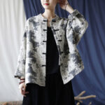 Buddha Stones Black Gray Print Frog-button Design Long Sleeve Cotton Linen Jacket Shirt With Pockets Women's Shirts BS 18
