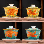 Buddha Stones Dragon Phoenix Flower Design Ceramic Gaiwan Sancai Teacup Kung Fu Tea Cup And Saucer With Lid Cup BS 12