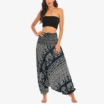 Buddha Stones Two Style Wear Elephant Pattern Loose Smocked Harem Trousers Jumpsuit Women's Yoga Pants Harem Pants&Bodysuit BS 22