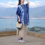 Buddha Stones Blue White Striped Indigo Dyeing Shawl Tassels Cozy Pullover 90*95cm 9